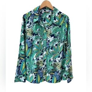 Soft Surroundings women’s Jordan Linen Blend Shirt L blue green leaf roll tab